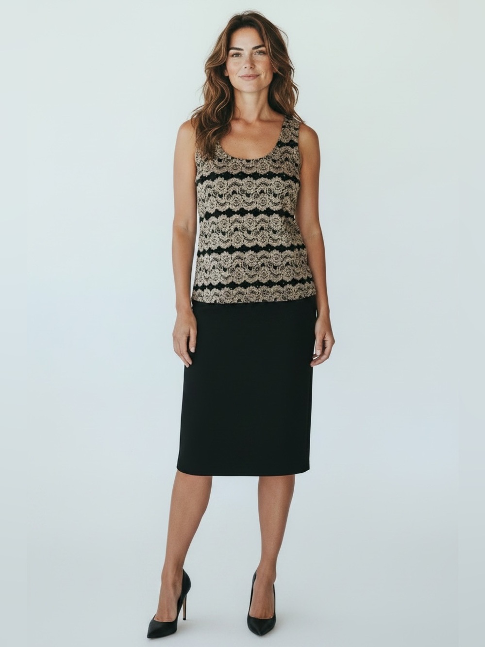 R&M Richards Black and Gold Patterned Tank Top with Sparkle.